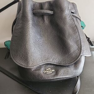 Coach Black Backpack with Textured Leather and Drawstring Closure